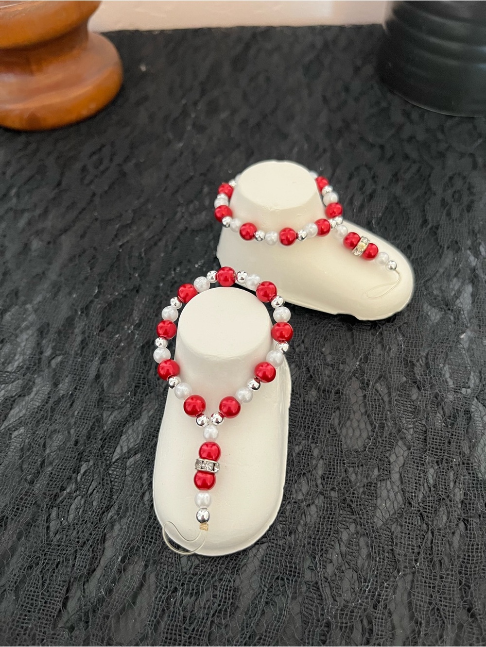 Red and Silver Beaded Baby Sandal Foot Jewelry Set